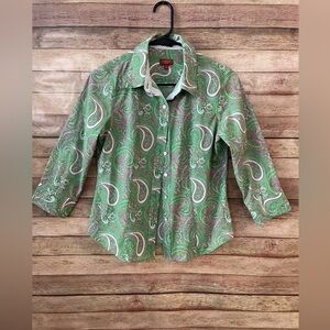 Talbots Shirt Women Green Paisley Print Button Up Wrinkle Resistant Sz 4 Petites